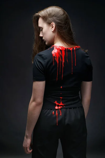 Photo of woman with red paint on neckline — Stock Photo, Image