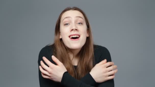 Video of happy girl in black shirt, close-up — Stock Video