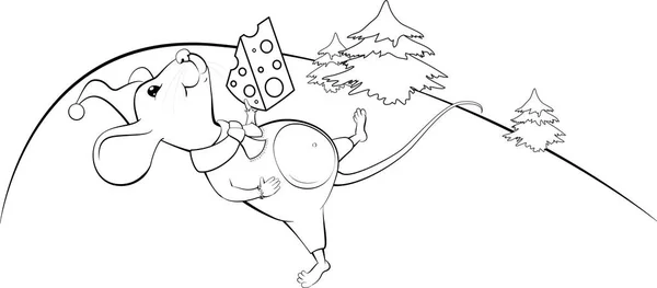 Patkány a Mikulás kalapjában pihen egy darab sajttal új év szimbó — Stock Vector