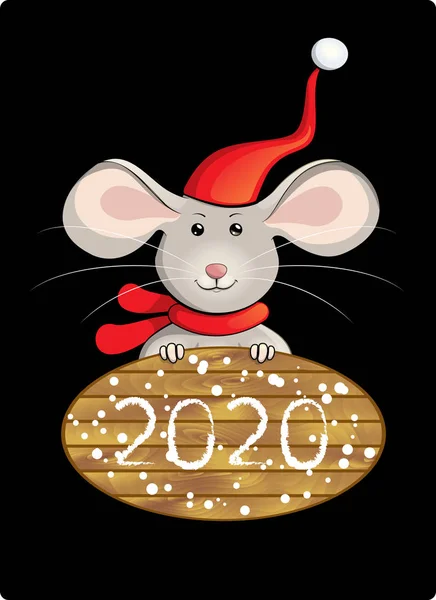 Año nuevo símbolo 2020 rata sonriente en Navidad sombrero de invierno vector — Archivo Imágenes Vectoriales