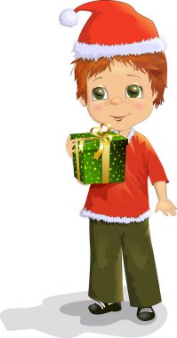 Noel Baba şapkalı, hediye vektörü illüstratıyla neşeli şirin kız.