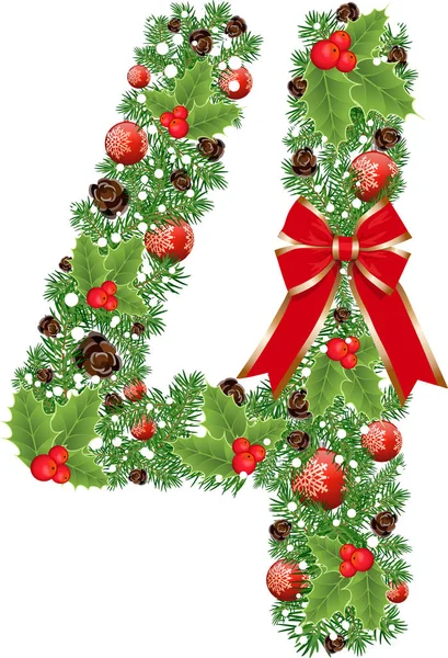 Nummer 4 met decoratie voor Kerstmis ontwerp en Nieuwjaar met — Stockvector