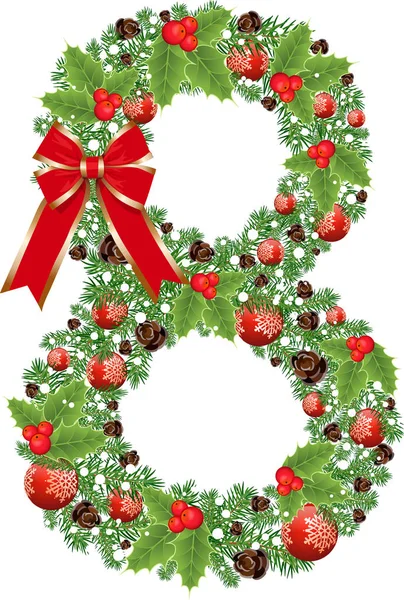 Nummer 8 met decoratie voor Kerstmis ontwerp en Nieuwjaar met — Stockvector