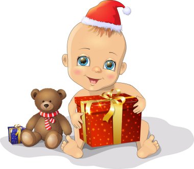 Noel Baba şapkalı şirin bebek ve oyuncak ayı hediye taşıyor.