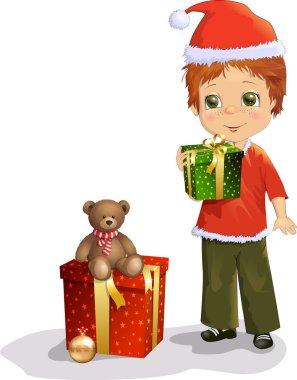 Noel Baba şapkalı, hediyeli ve oyuncak ayılı neşeli kız.