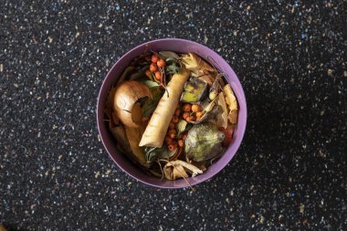 Gübre için biyolojik atık konteynırı. Ekolojik sorunlar. Çöp. Biyolojik, organik artıklar çöp kutusuna atıldı. Ayrımcılık. Ekolojik yaşam tarzı kavramı. Yukarıdan.