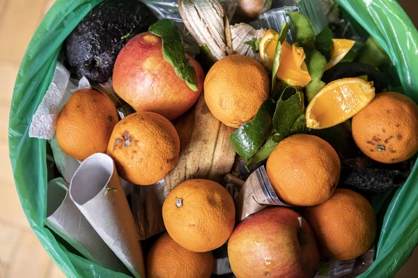 Food waste problem concept. Spoiled food in refuse bin. Rotten oranges and apples close up. Ecological issues.