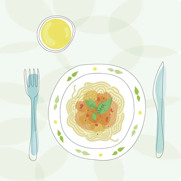 Zdrowy posiłek. Makaron z pomidorowym souse na dekoracyjnym talerzu z napojem z góry. — Wektor stockowy