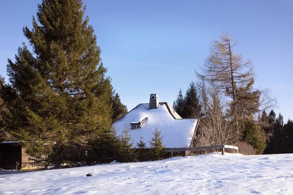 Kışın Güneşli Bir Günde Geleneksel Ahşap Dağ Kır Evinin Karlı — Stok fotoğraf