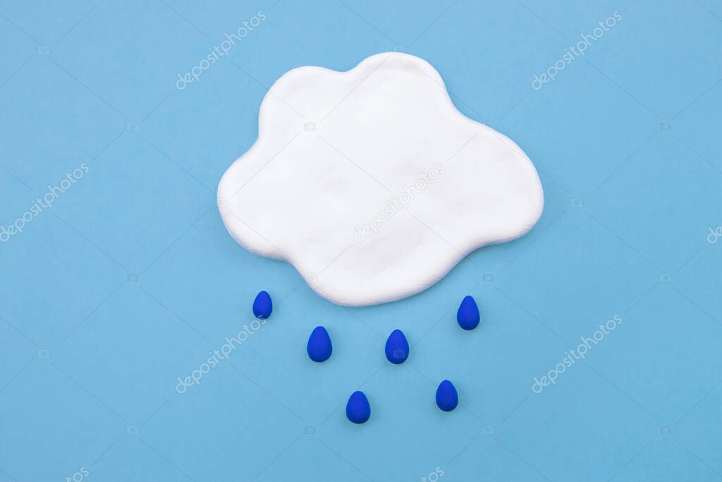 Rain icon, meterology. White cloud with rain drops on blue sky background. Rain concept.