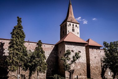 Saat kulesi ve önünde ağaçlar olan eski bir kale.