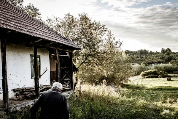 古色古香的景象 一位老人走在一座废弃的老房子附近 屋后的草地上堆满了干草 后面是覆盖着森林的小山 — 图库照片