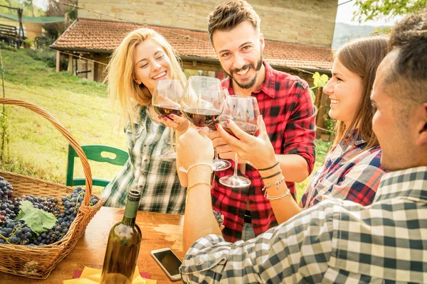 Happy friends having fun and drinking wine - Friendship concept with young people enjoying harvest time together at farmhouse vineyard countryside - Warm filter with focus on faces in center of frame — Stockfoto