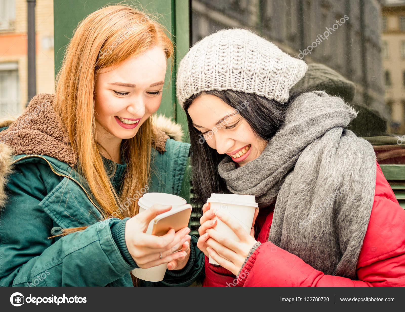 Happy Girlfriends Best Friend Having Fun With Coffee Takeaway Cup In