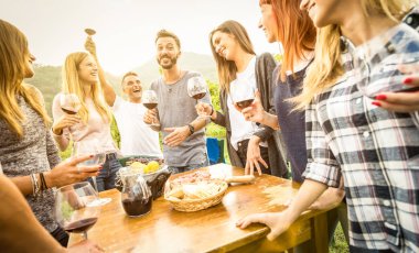-Çiftlik evi üzüm bağı şarapçılık hasat zaman zevk mutlu insanlar - gençlik dostluk kavramı odaklı Orta Çerçeve - sıcak filtre toasting adam genç arkadaşlar eğlenmeye kırmızı içme açık şarap