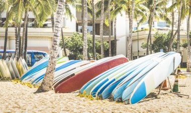 Waikiki Beach canlı retro vintage filtre uygulanmış görünüm üzerinde spot Honolulu Hawaii - Güney Doğu Asya'daki tropikal özel hedef, sörf tahtaları - dünya ünlü sörf konumda çok renkli sörf tahtaları