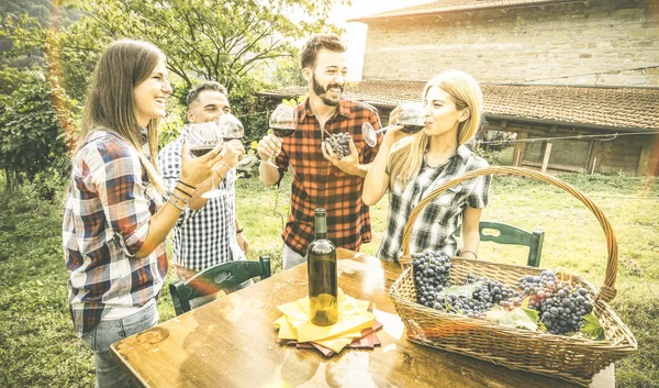 Glada vänner att ha roligt dricka på vingården vingård - vänskap koncept med unga människor njuta av skörden tillsammans på farmhouse - rött vin provsmakning alternativ upplevelse utomhus - Vintage retro filter — Stockfoto