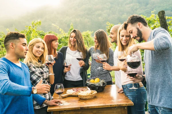 Groep gelukkige vrienden met leuke buiten het drinken van rode wijn - jonge mensen eten verse gerechten bij het oogsten van de druiven op boerderij wijngaard wijngoed - vriendschap jeugdconcept voor een levendige warme filter — Stockfoto
