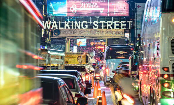 PATTAYA, THAILAND - FEBRUARY 18, 2016: beginning of famous Walking Street by night -The street runs from the south end of Beach Road to the Bali Hai Pier and is closed to the traffic after 6pm