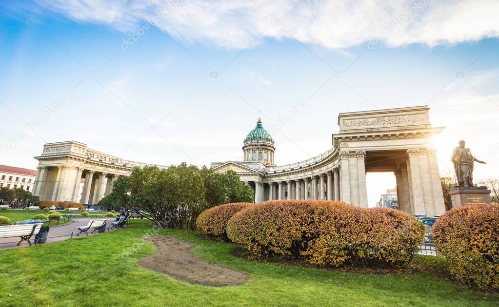 Wide angle front view of Kazan Cathedral from the side of Nevsky Prospect in world famous russian city of Saint Petersburg in Russia federation - Bright warm color tones with main focus on building