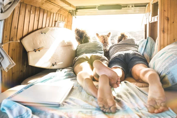 Pareja hipster con lindo perro viajando juntos en transporte de furgonetas vintage - Concepto de inspiración de vida con personas hippies en viaje de aventura en minivan viendo la puesta de sol en el momento de relax - Filtro cálido sol —  Fotos de Stock