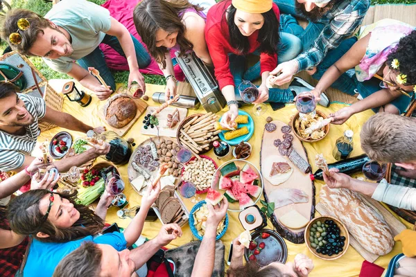 High angle top view of multiracial friends group having fun outdoor cheering at bbq pic nic with snacks food drinking red wine - Young people enjoying spring time together at barbecue garden party — 图库照片
