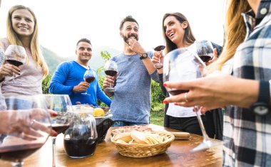Friends group having fun at restaurant garden - Young people enjoying harvest time together at farm house vineyard - Friendship concept with millenials drinking red wine at outdoors winery on sunset