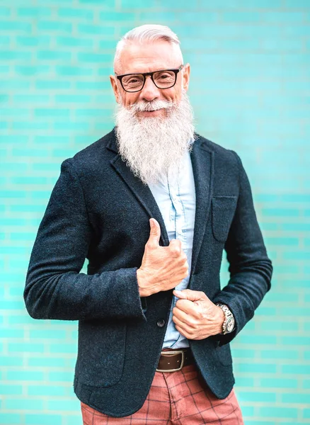 Vertical Portrait Hipster Man Elegant Outfit Posing Turquoise Wall Background — Stock Photo, Image