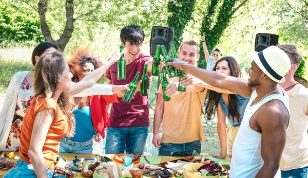Happy Multiracial Friends Toasting Beer Barbecue Garden Party Vänskap Koncept — Stockfoto