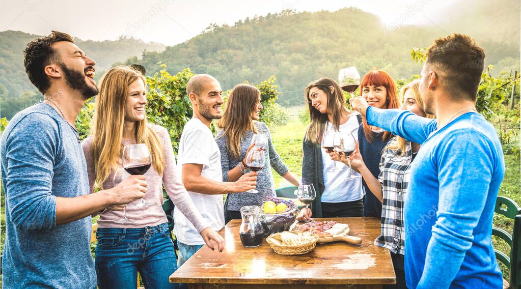 Happy friends having fun drinking red wine in vineyard - Milenial people enjoying harvest time together at countryside farm house - Youth friendship concept on warm filter with sunset sunshine halo