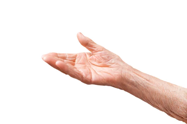 Alte Damenhand mit offener Handfläche. Eine ältere Dame wartet auf Hilfe. Ältere, alternde Konzept, mit weißem Hintergrund. Isolierter weißer Hintergrund, Nahaufnahme, Overhead, Kopierraum — Stockfoto