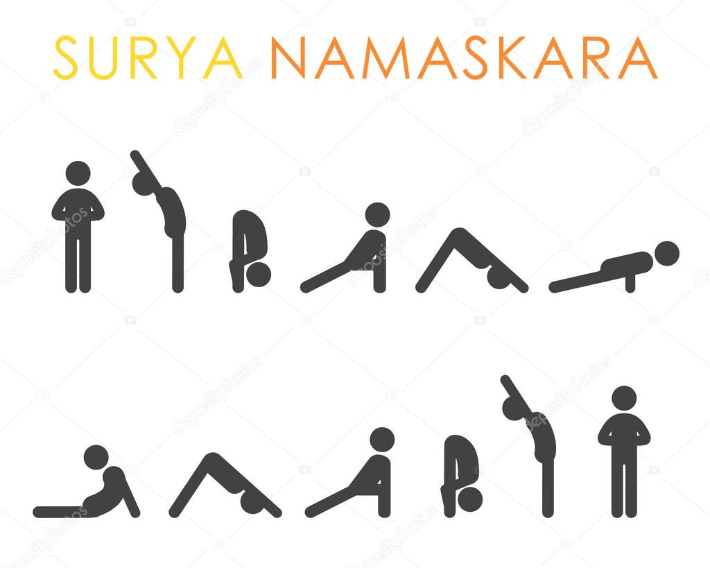 Surya Namaskara sequence infographic chart yoga poses. Sun Salutation yoga exercise complex. Simple, minimal style asana symbols