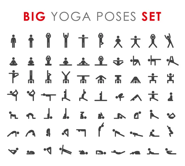 Big ioga poses asanas ícones conjunto. Ilustrações vetoriais. Para logotipo ioga branding. Ioga pessoas infográficos. Figuras de pau. Pilates alongamento ginástica aptidão poses —  Vetores de Stock