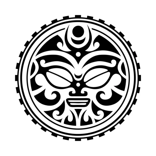 Desenho de tatuagem estilo Maori. Ornamento redondo com rosto de sol —  Vetores de Stock