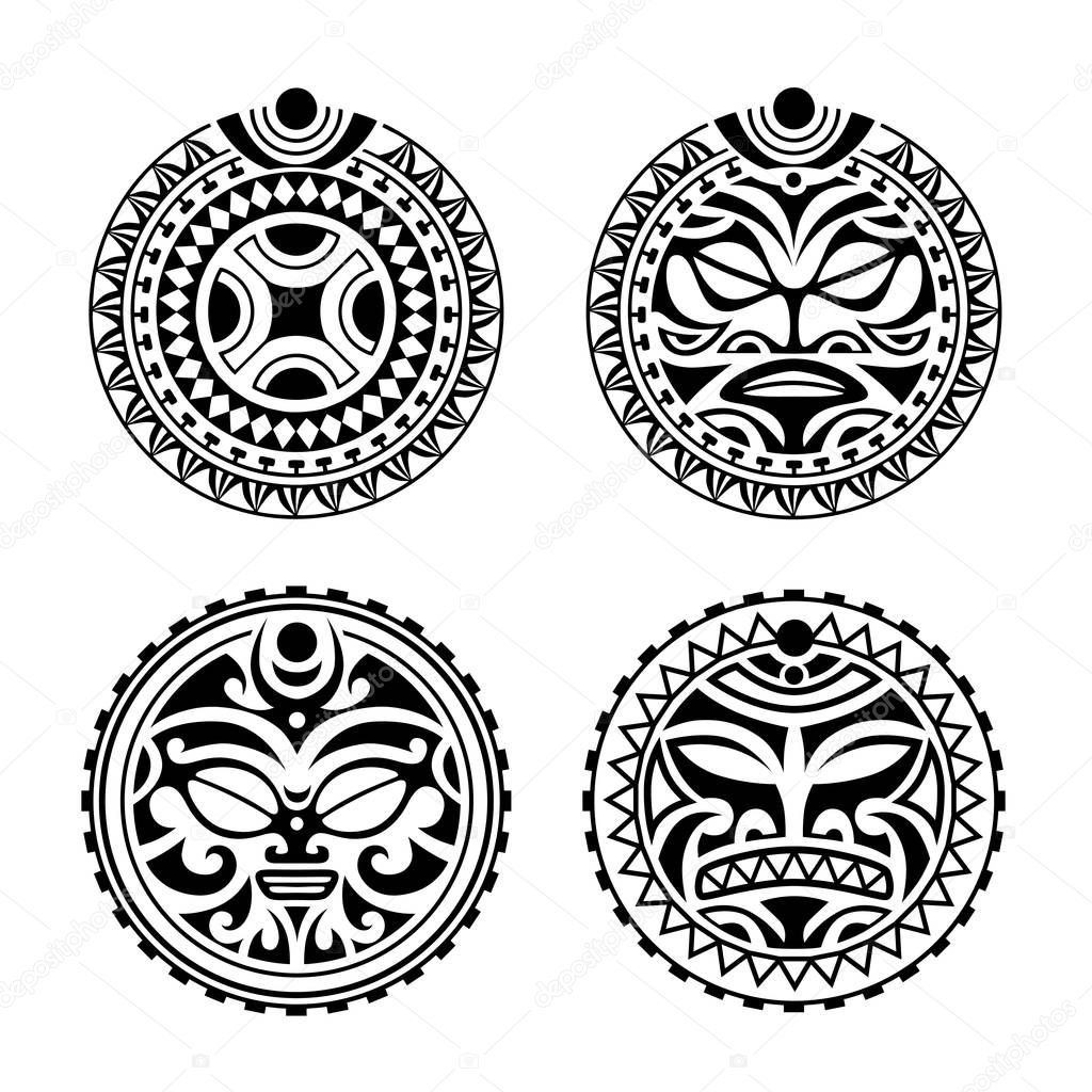 Set of round tattoo ornament with sun face maori style