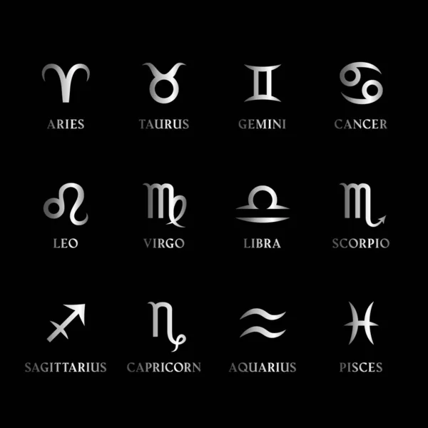 Conjunto de signos y símbolos del zodiaco de metal plateado con nombres sobre fondo negro. Horóscopo, iconos de la astrología. Doce constelaciones aisladas. Vector . — Vector de stock