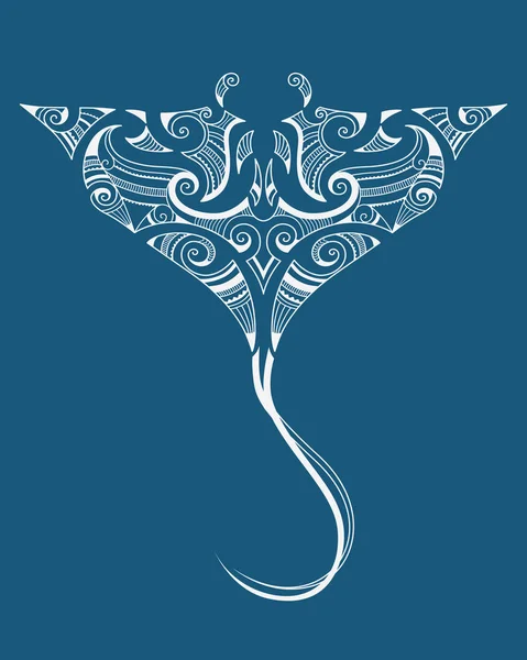 Manta ray stingray maori tatuaggio ornamento bianco uno sfondo blu — Vettoriale Stock