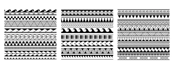 Set di modelli vettoriali etnici senza cuciture in stile maori tattoo. Bordo geometrico con elementi etnici decorativi. Modello orizzontale. Progettazione per arredamento domestico, carta da imballaggio, tessuto, tappeto, tessile, copertura — Vettoriale Stock