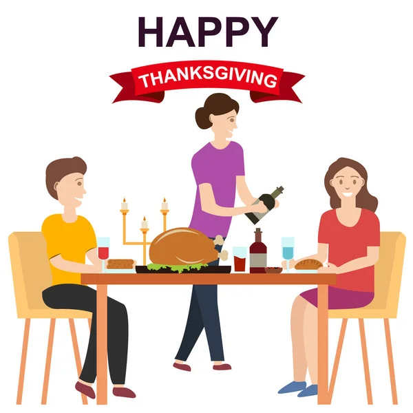 Gelukkige Thanksgiving Familie Dineren Restaurant — Stockvector