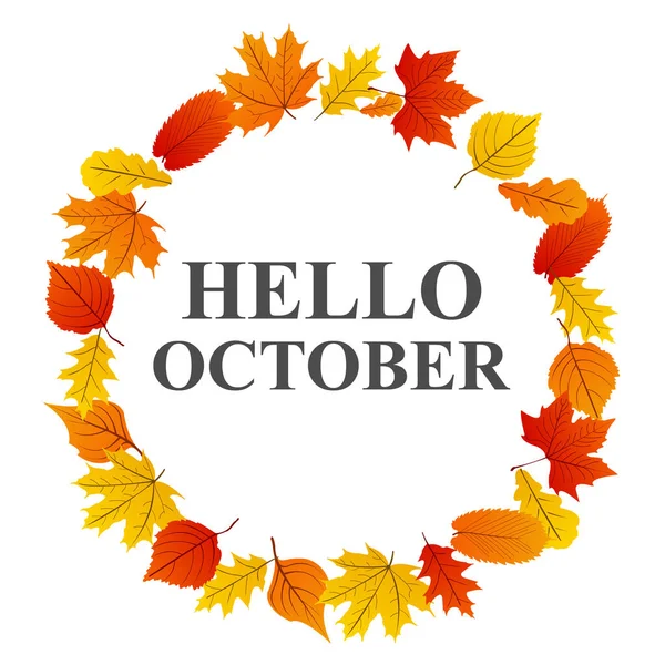 Hallo Oktober Herfst Achtergrond Met Bladeren — Stockvector