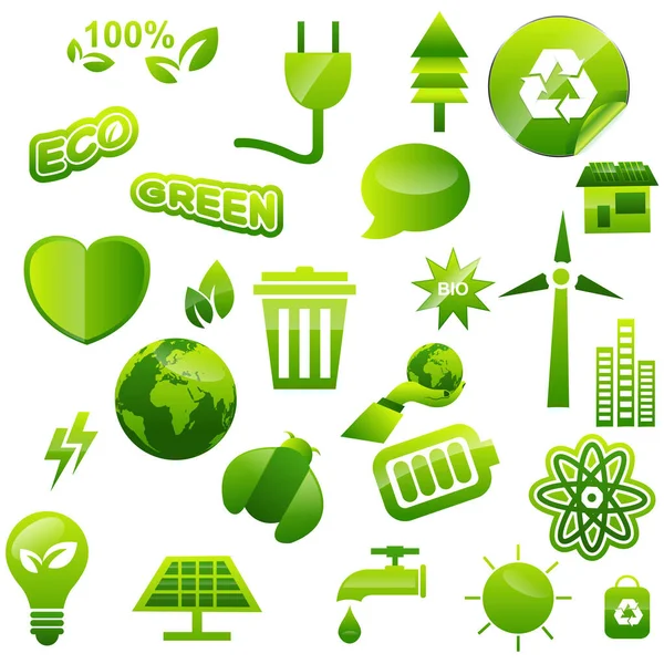 Zelené Ikony Ekoznaček Nastaveny — Stockový vektor