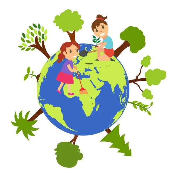 Children World Planting Tree — Stock Vector