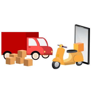dağıtım kamyonu ve dağıtım scooter vektör çizimi