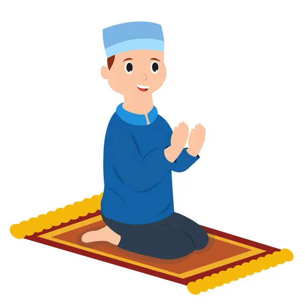 Μικρό Μουσουλμάνο Αγόρι Κάθεται Στο Πάτωμα Προσφέροντας Dua — Διανυσματικό Αρχείο