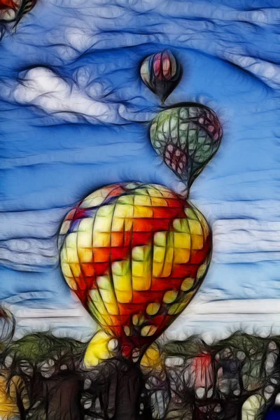 Balões Quente Que Levantam Fora Solo Pintado Digitalmente — Fotografia de Stock