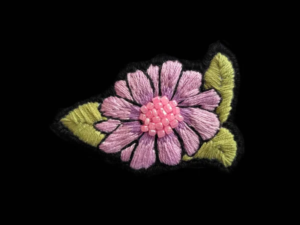 Embroidered Flower Black Background Embroideryflowers — Stock Photo, Image
