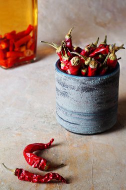 Taze, kırmızı biber ve alkol tentürü, şişede..