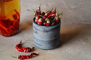 Taze, kırmızı biber ve alkol tentürü, şişede..