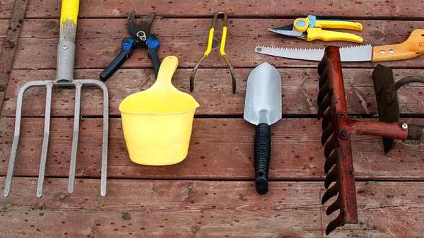 Garden tools on a wooden surface. — Stock Photo, Image