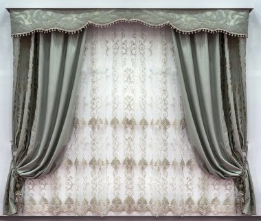 The stylish design of the windows in the interior. Combined curtains made of the natural fabrics. A hard pelmet and a tulle with embroidery clipart